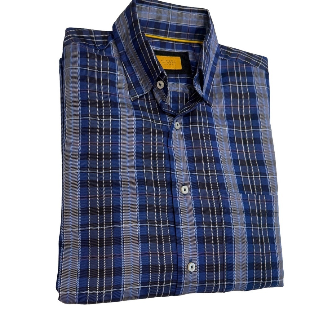 ROBERT TALBOTT CARMEL Blue Plaid 100% COTTON Button Down Casual Shirt Sz M NWOT